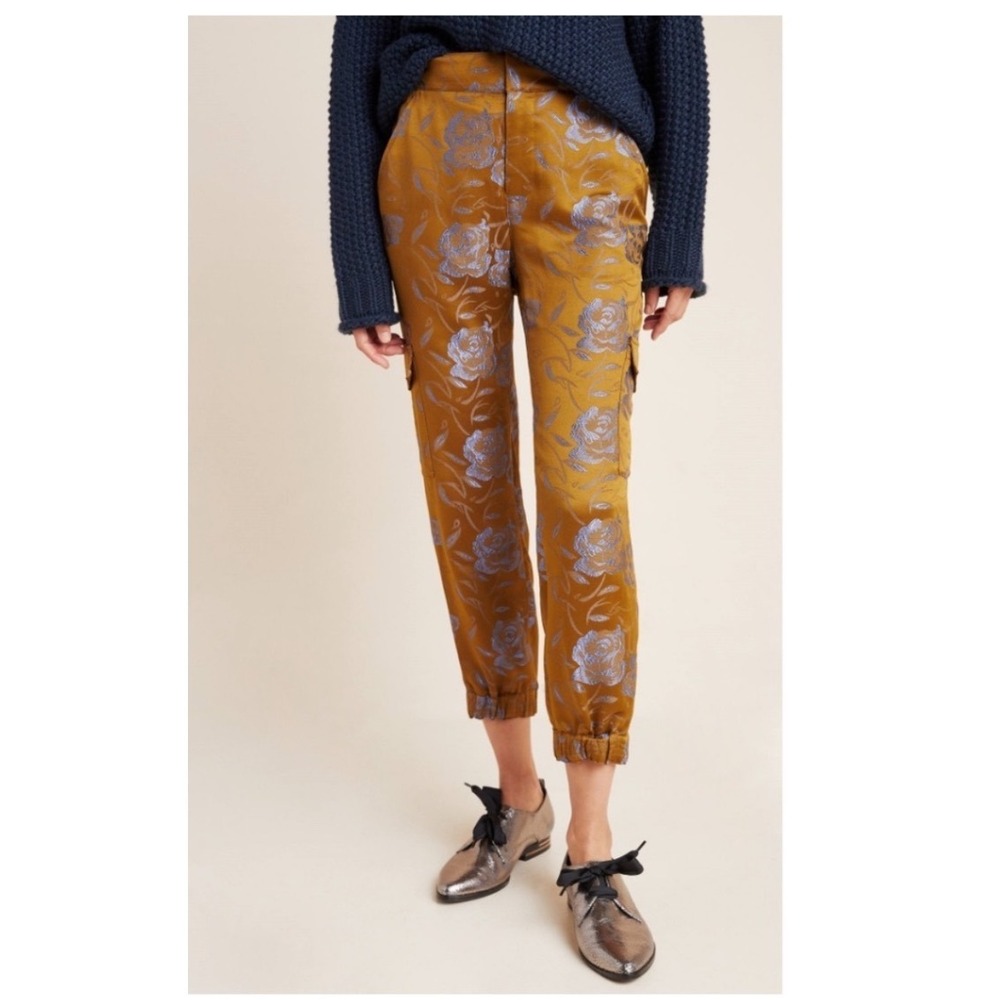 Anthropologie Devin Cargo Pants Small Brown Jacquard Metallic Floral Jogger - Picture 6 of 15